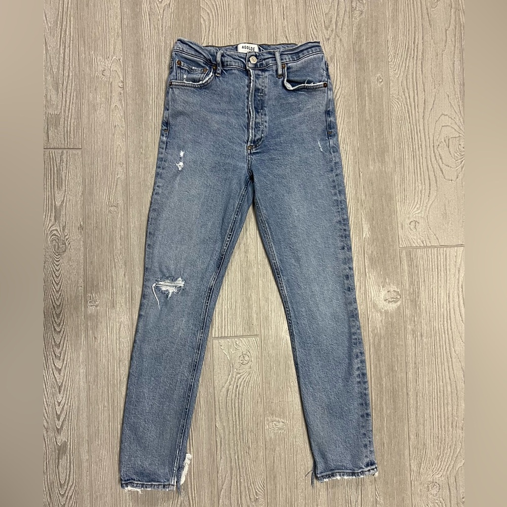 Agolde Nico High Rise Cropped Skinny Jeans 26 Distressed Split Hem Medium Wash